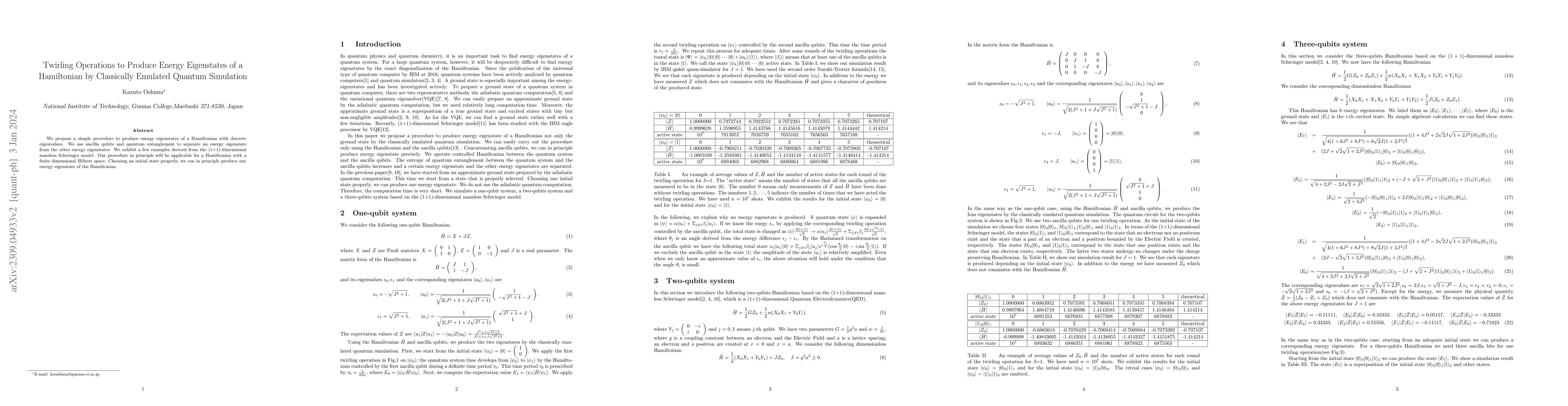Thumbnail for Twirling Operations to Produce Energy Eigenstates of a Hamiltonian by
  Classically Emulated Quantum Simulation
