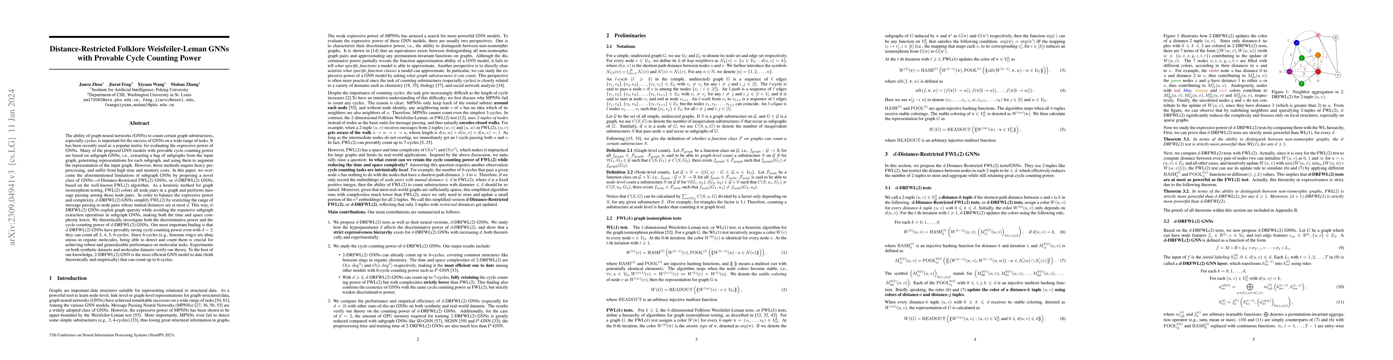 Thumbnail for Distance-Restricted Folklore Weisfeiler-Leman GNNs with Provable Cycle
  Counting Power