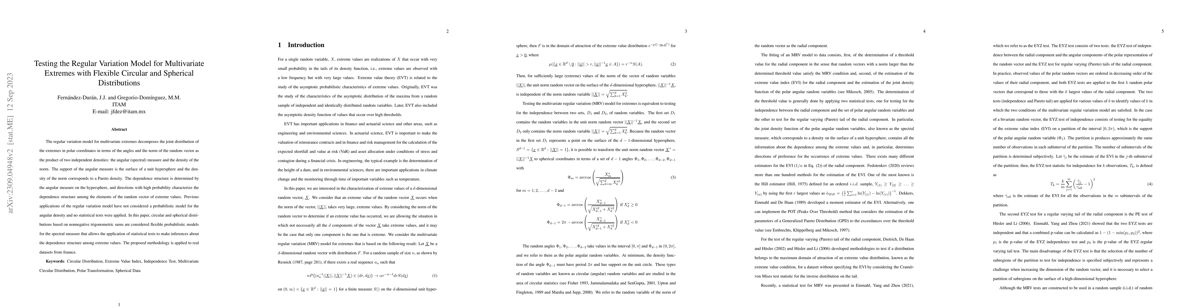 Thumbnail for Testing the Regular Variation Model for Multivariate Extremes with
  Flexible Circular and Spherical Distributions