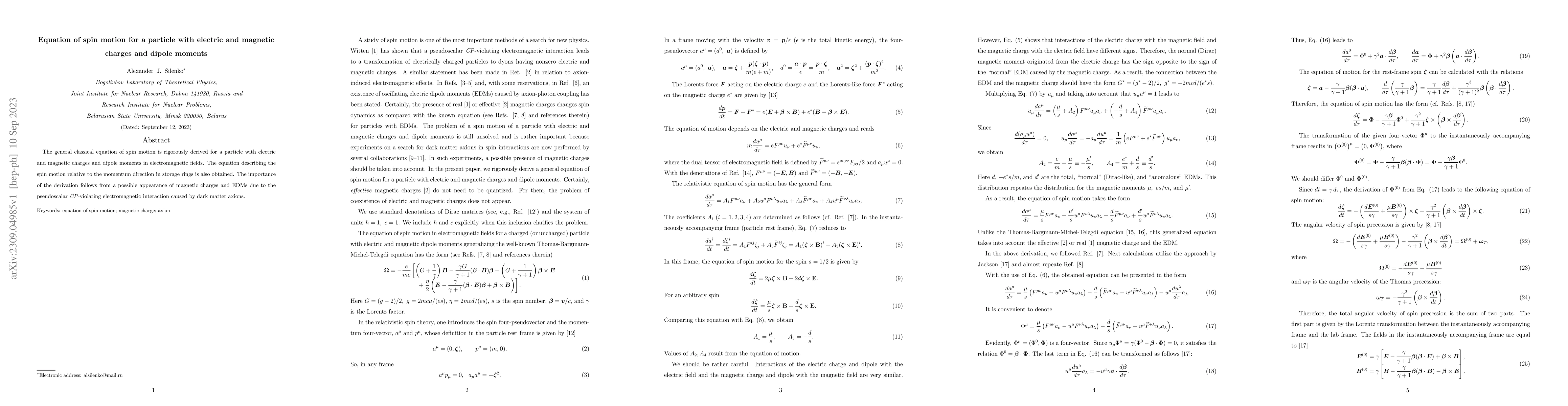 Thumbnail for Equation of spin motion for a particle with electric and magnetic
  charges and dipole moments