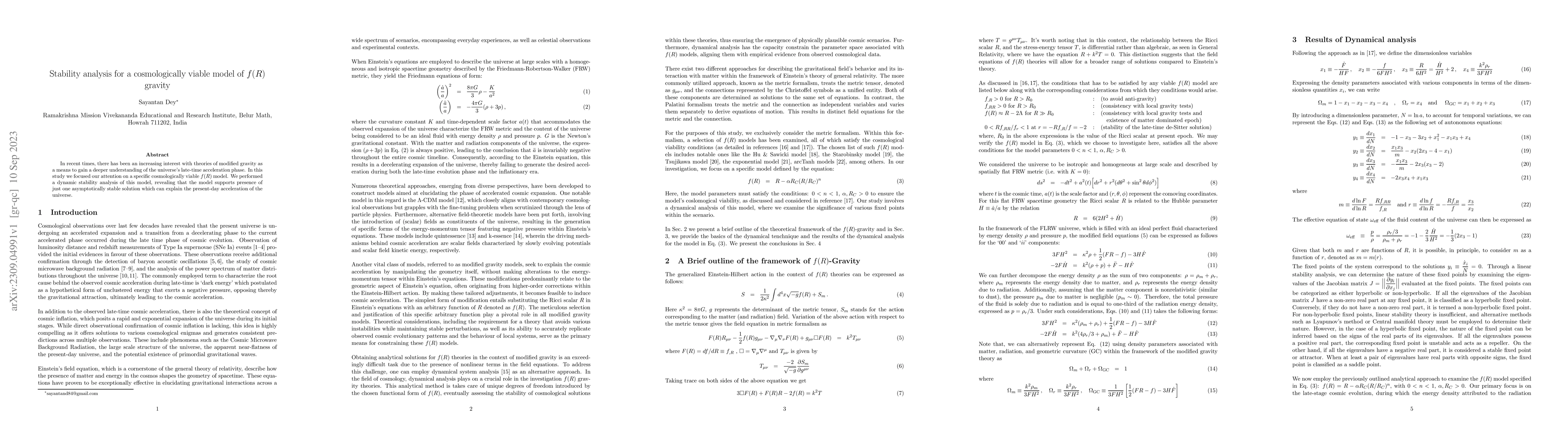Thumbnail for Stability analysis for a cosmologically viable model of $f(R)$ gravity
