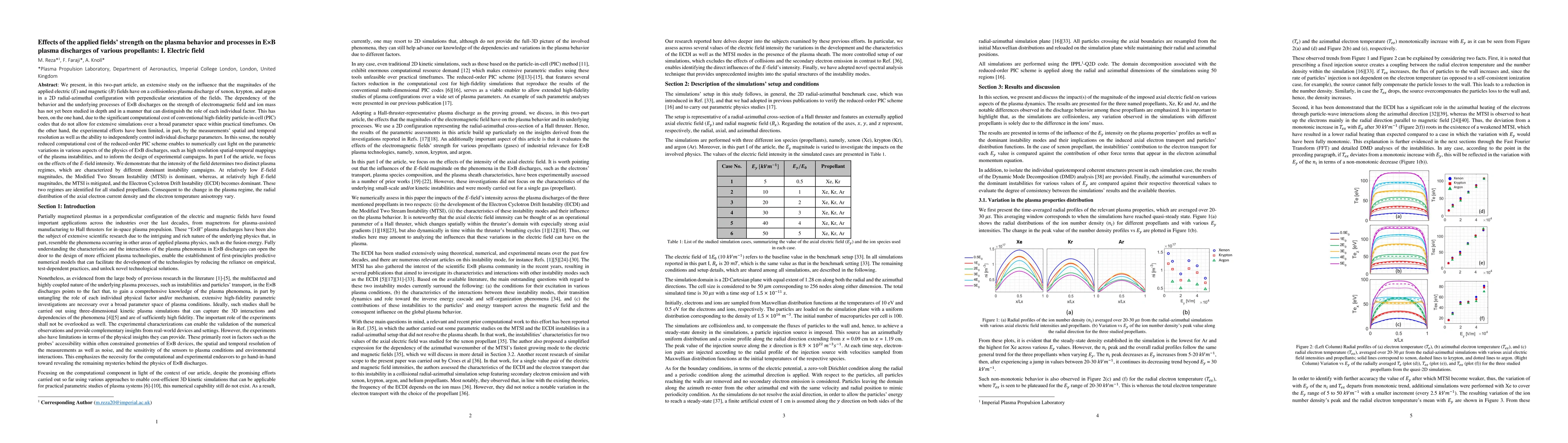 Thumbnail for Effects of the applied fields' strength on the plasma behavior and
  processes in ExB plasma discharges of various propellants: I. Electric field