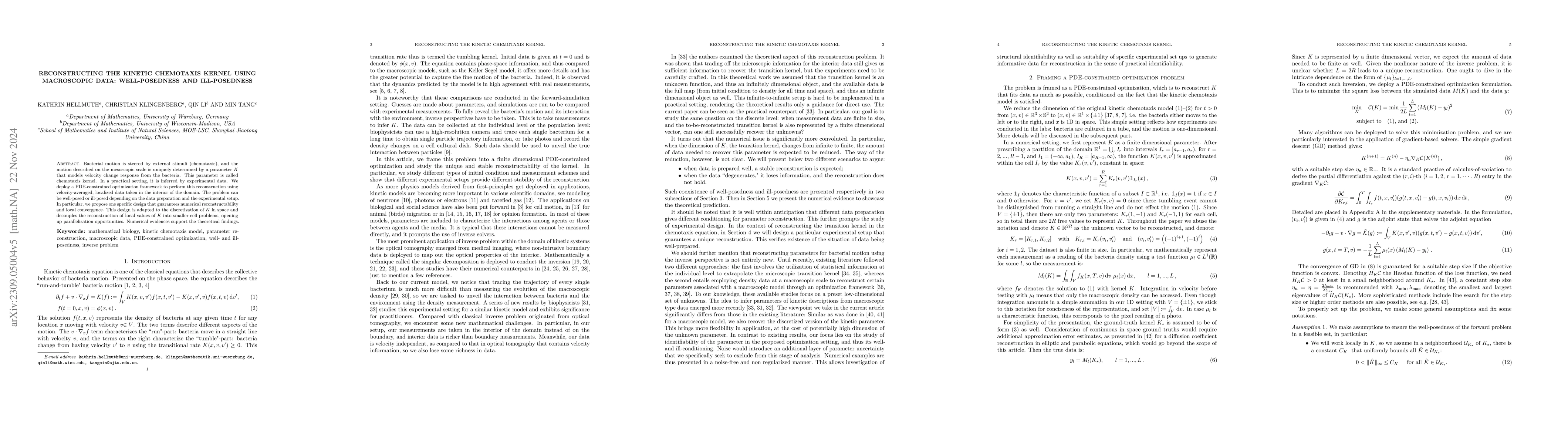 Thumbnail for Reconstructing the kinetic chemotaxis kernel using macroscopic data:
  well-posedness and ill-posedness