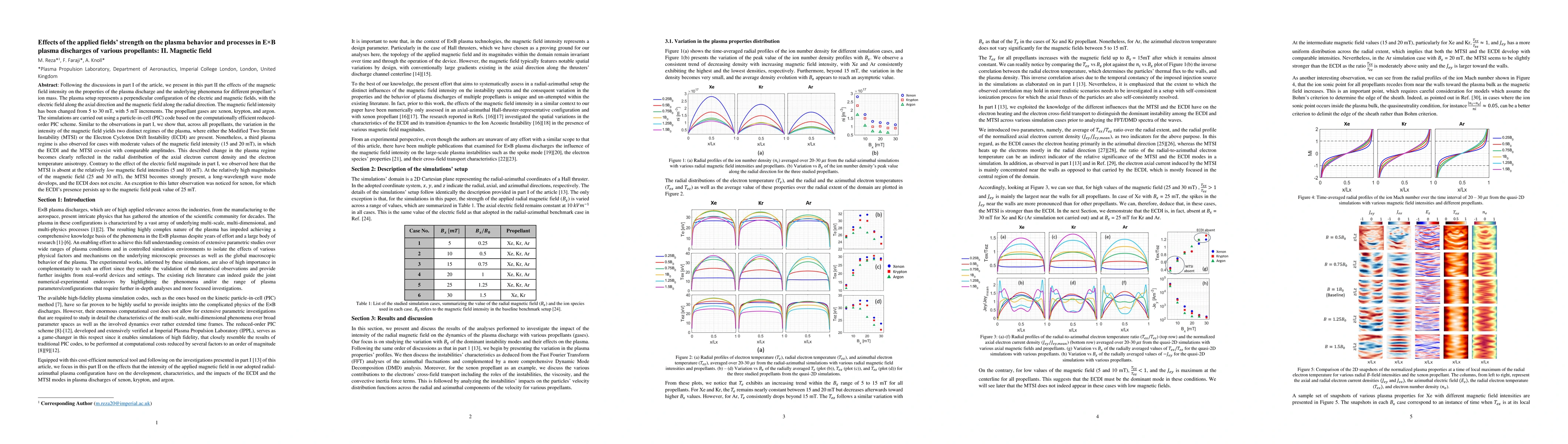 Thumbnail for Effects of the applied fields' strength on the plasma behavior and
  processes in ExB plasma discharges of various propellants: II. Magnetic field
