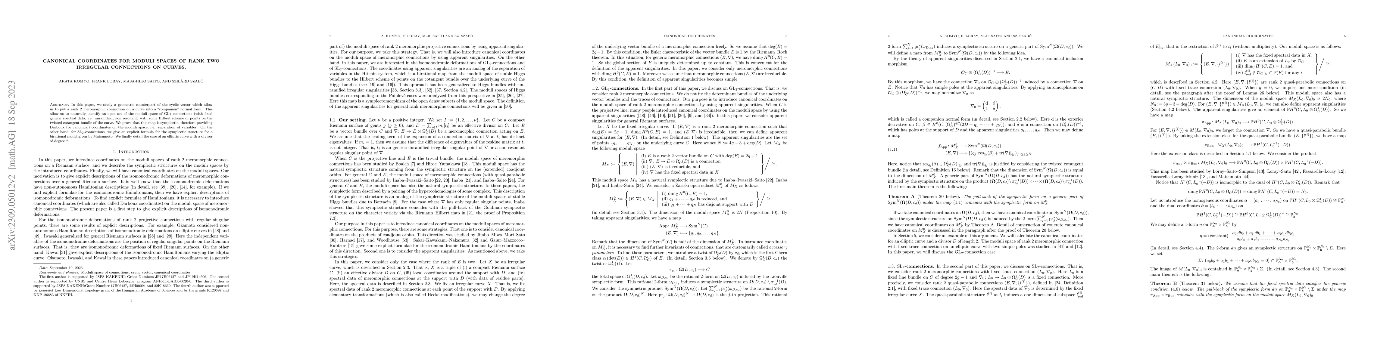 Thumbnail for Canonical coordinates for moduli spaces of rank two irregular
  connections on curves
