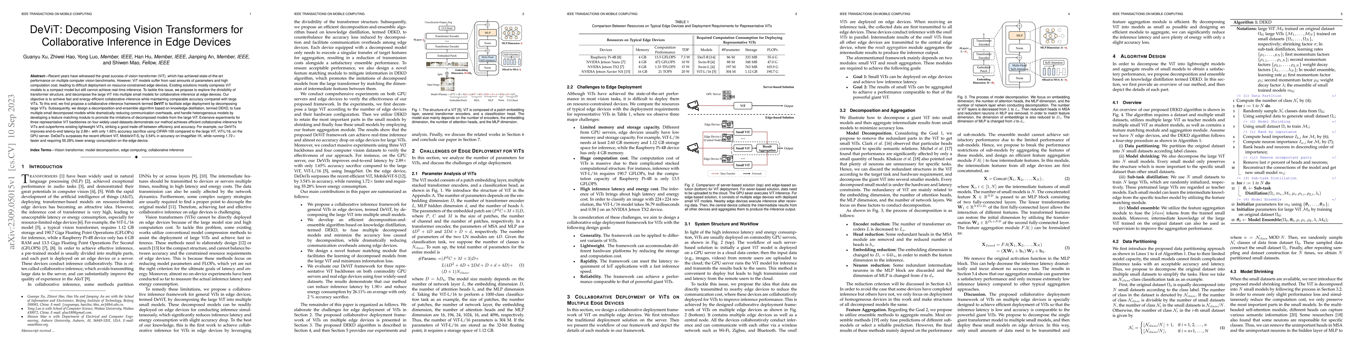Thumbnail for DeViT: Decomposing Vision Transformers for Collaborative Inference in
  Edge Devices