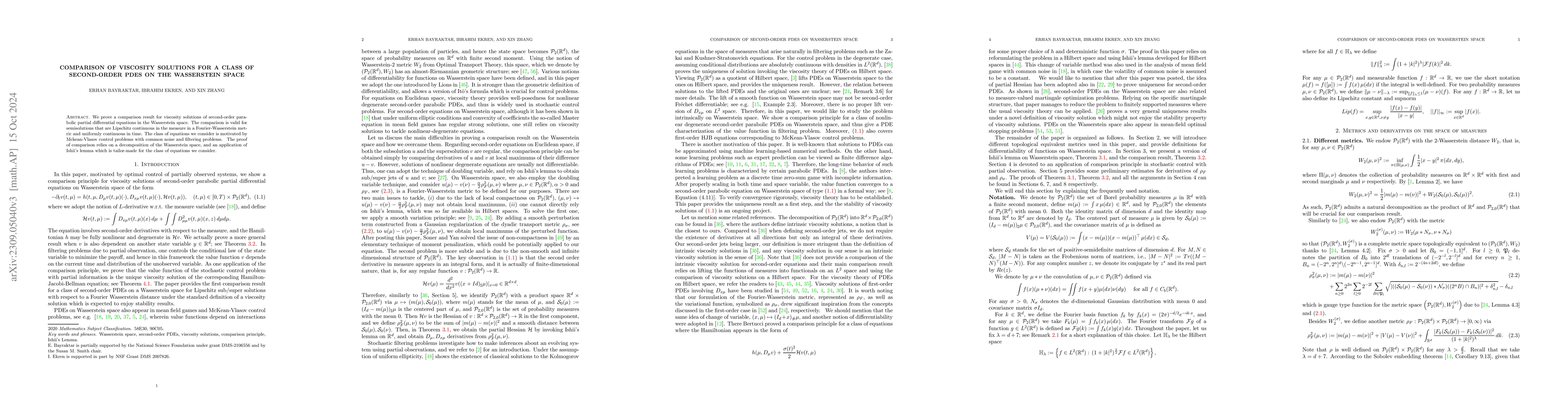 Thumbnail for Comparison of viscosity solutions for a class of second order PDEs on
  the Wasserstein space
