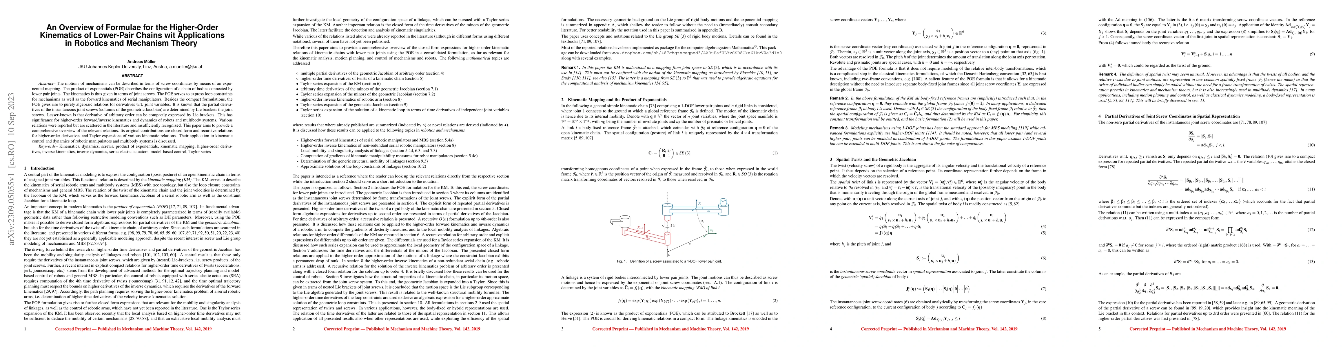 Thumbnail for An Overview of Formulae for the Higher-Order Kinematics of Lower-Pair
  Chains with Applications in Robotics and Mechanism Theory