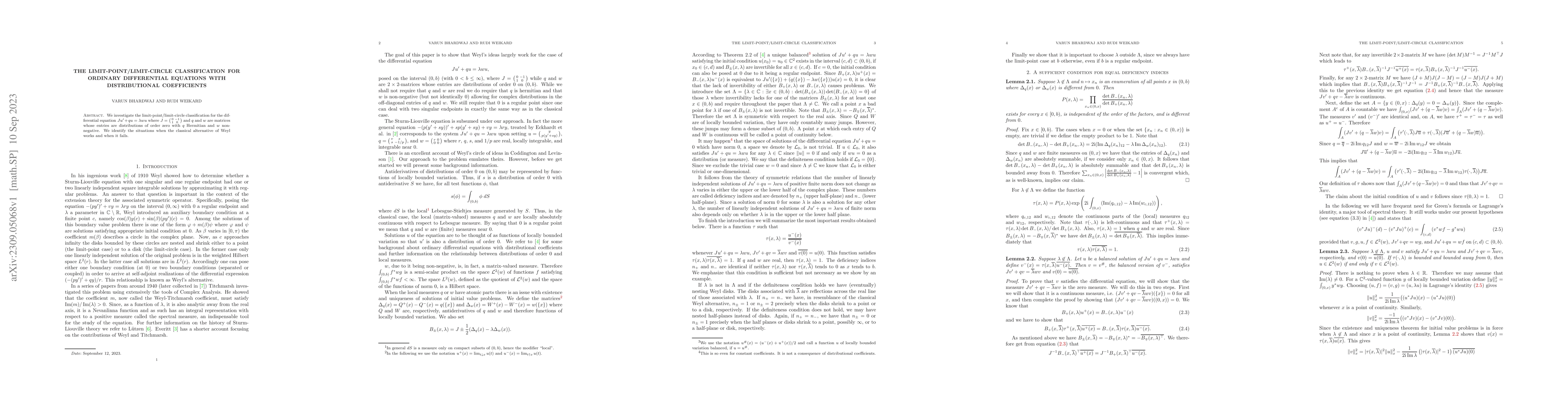 Thumbnail for The limit-point/limit-circle classification for ordinary differential
  equations with distributional coefficients