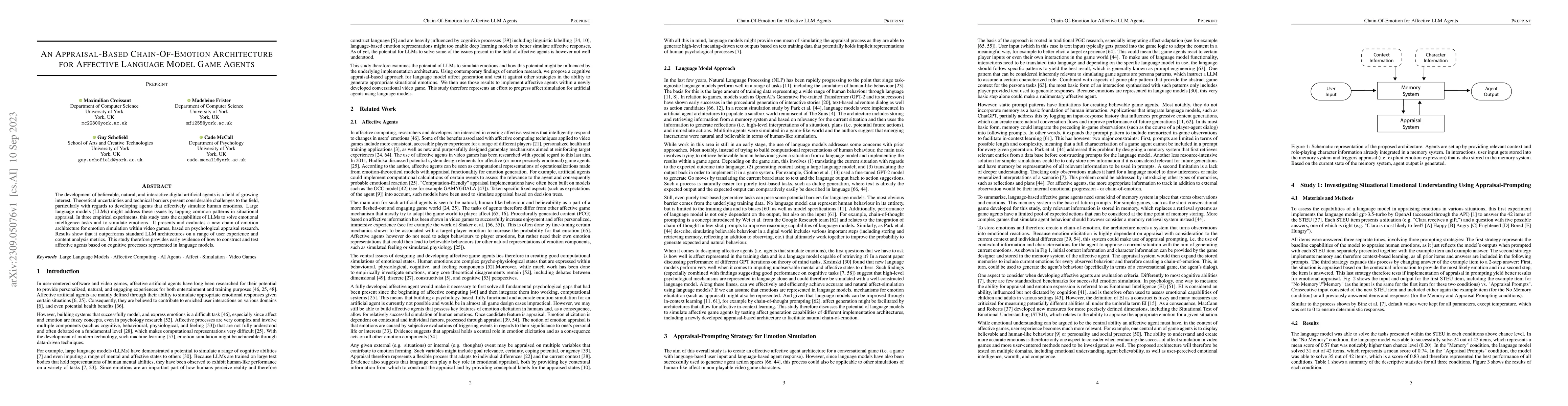 Thumbnail for An Appraisal-Based Chain-Of-Emotion Architecture for Affective Language
  Model Game Agents