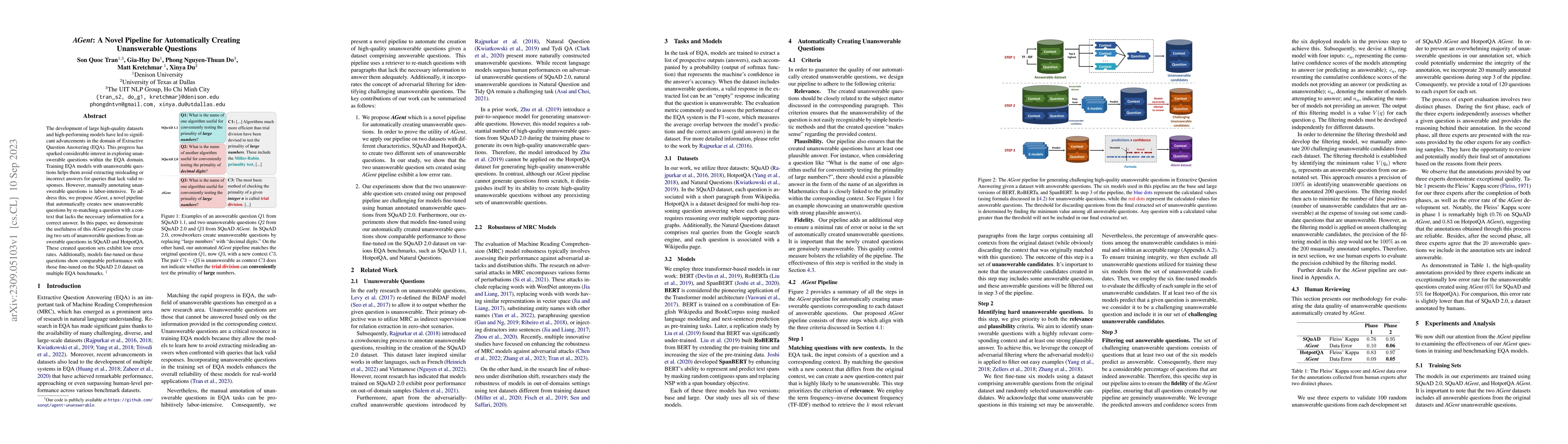 Thumbnail for AGent: A Novel Pipeline for Automatically Creating Unanswerable
  Questions