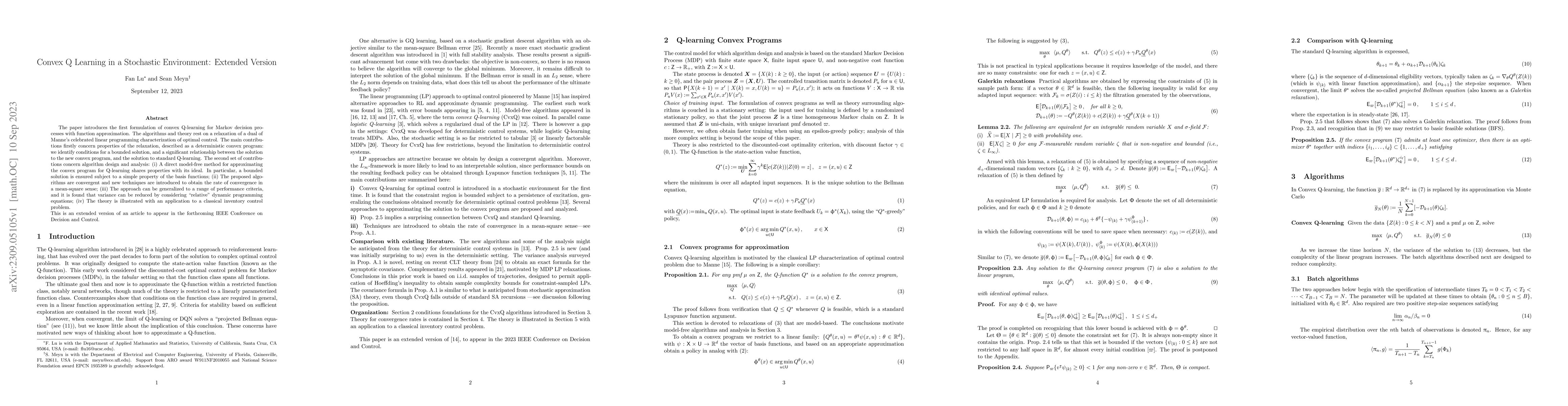 Thumbnail for Convex Q Learning in a Stochastic Environment: Extended Version