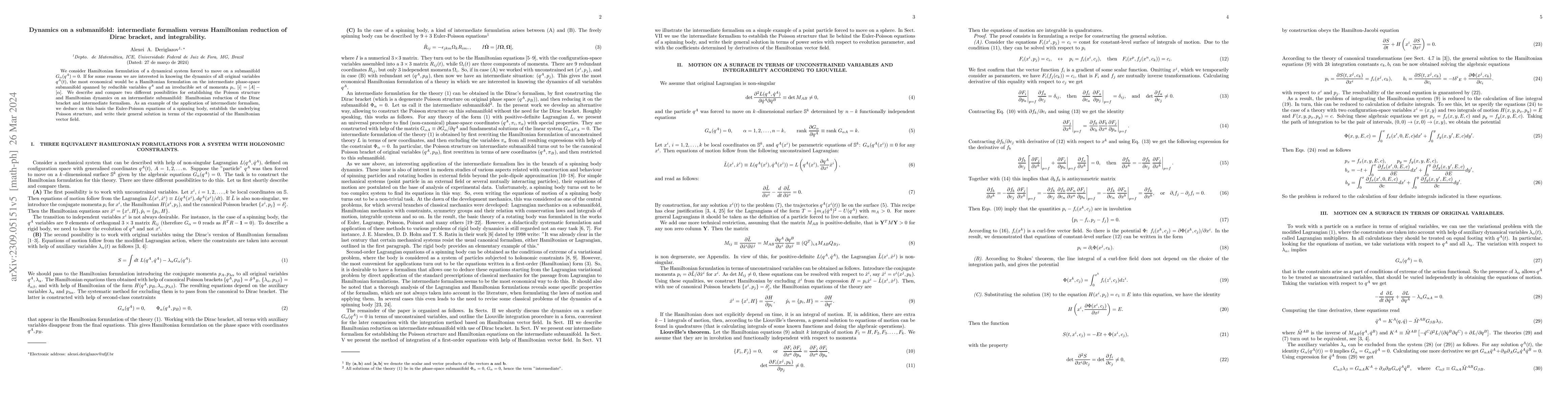 Thumbnail for Dynamics on a submanifold: intermediate formalism versus Hamiltonian
  reduction of Dirac bracket, and integrability
