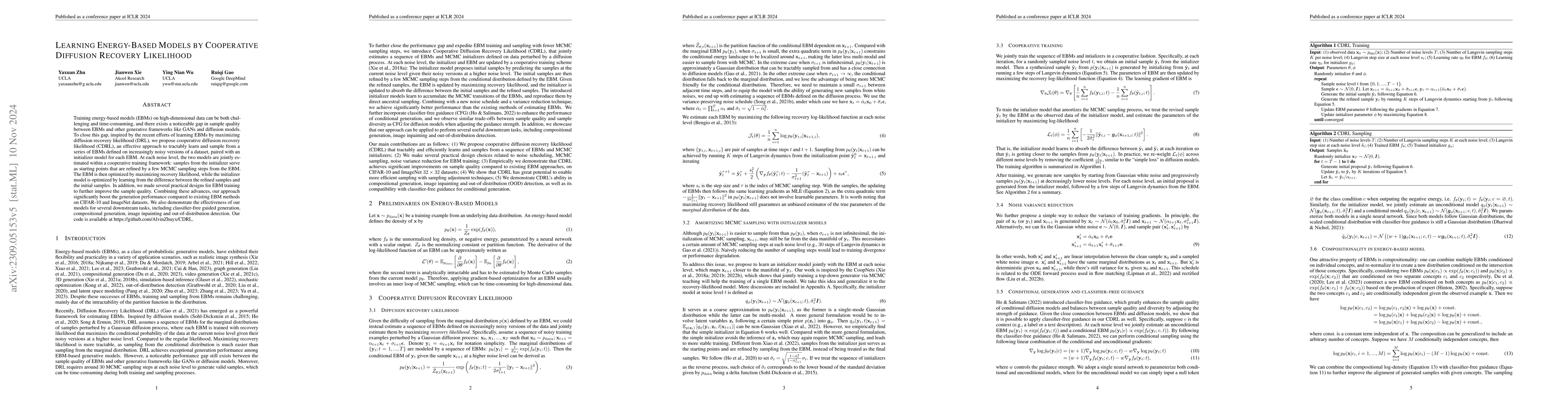 Thumbnail for Learning Energy-Based Models by Cooperative Diffusion Recovery
  Likelihood