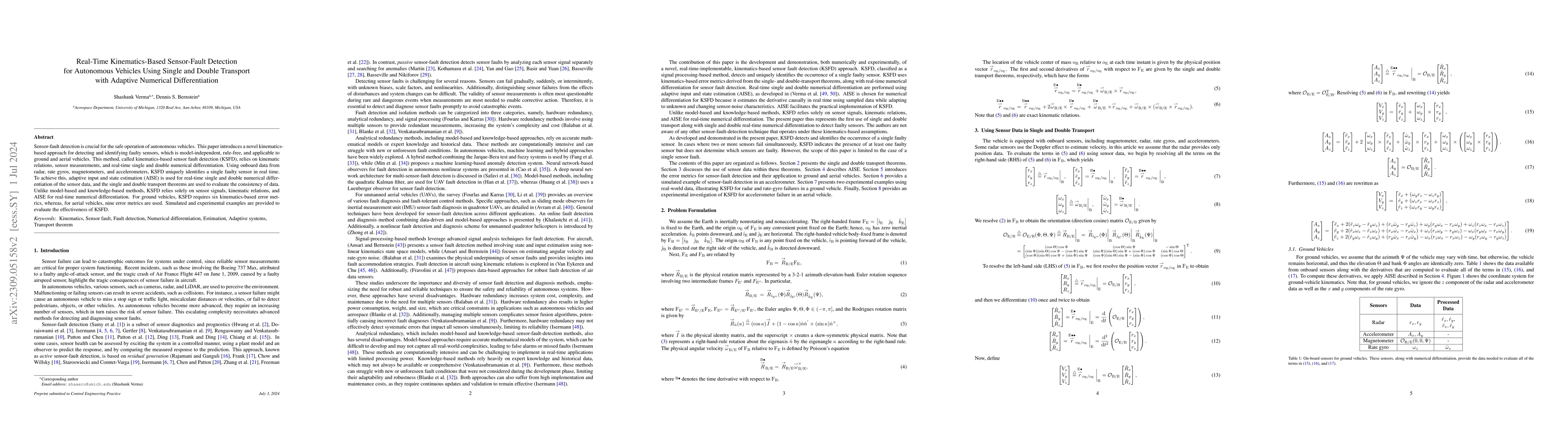 Thumbnail for Real-Time Kinematics-Based Sensor-Fault Detection for Autonomous
  Vehicles Using Single and Double Transport with Adaptive Numerical
  Differentiation