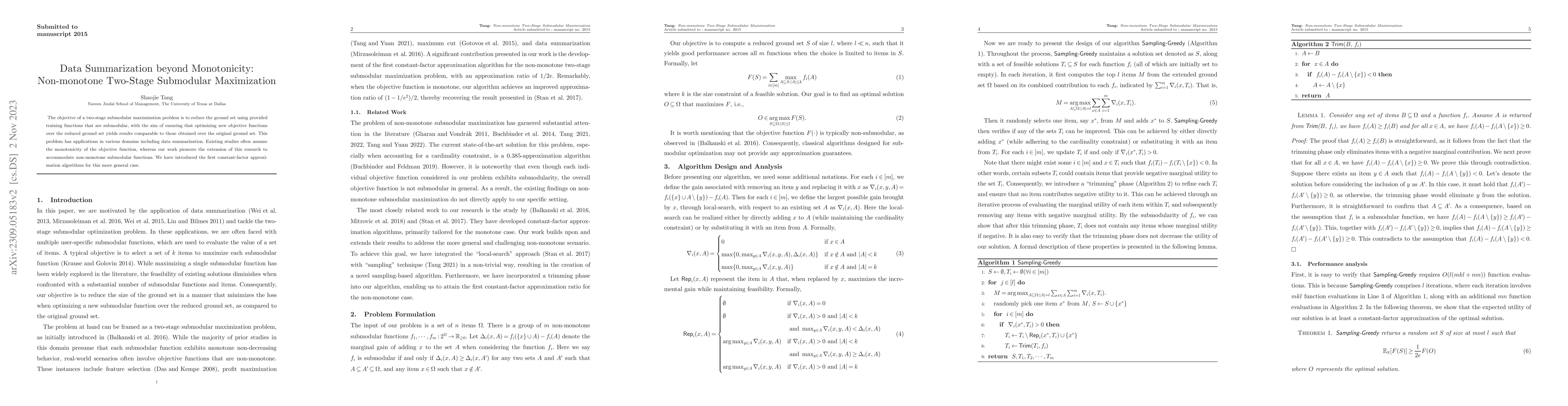 Thumbnail for Data Summarization beyond Monotonicity: Non-monotone Two-Stage
  Submodular Maximization