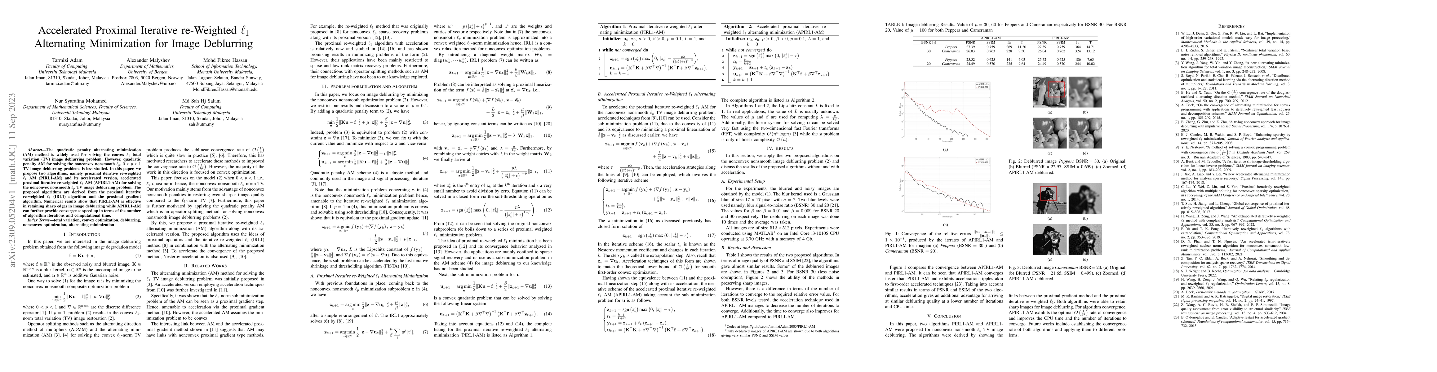 Thumbnail for Accelerated Proximal Iterative re-Weighted $\ell_1$ Alternating
  Minimization for Image Deblurring