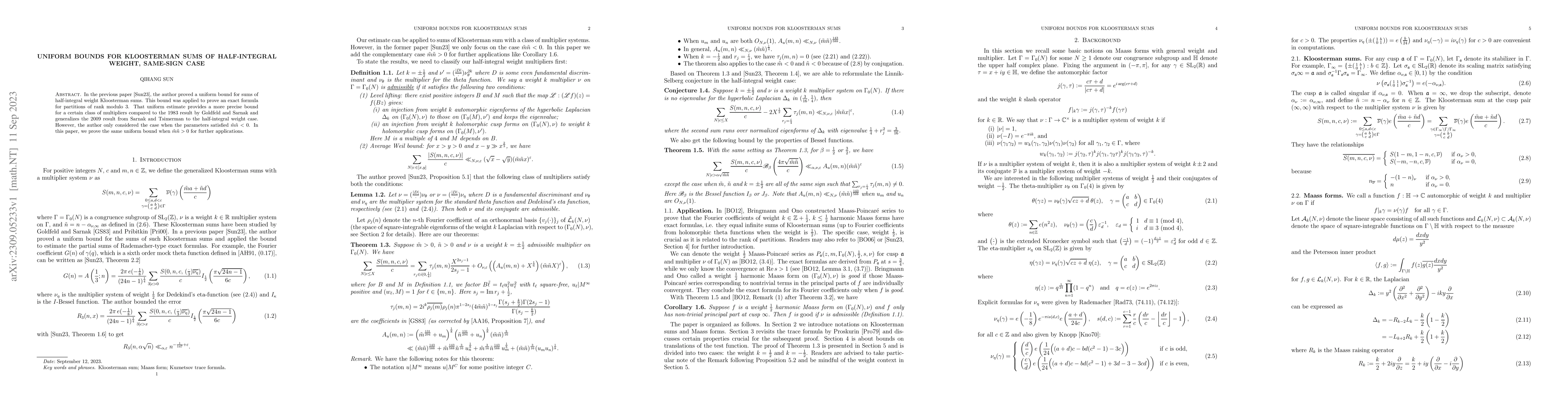 Thumbnail for Uniform bounds for Kloosterman sums of half-integral weight, same-sign
  case