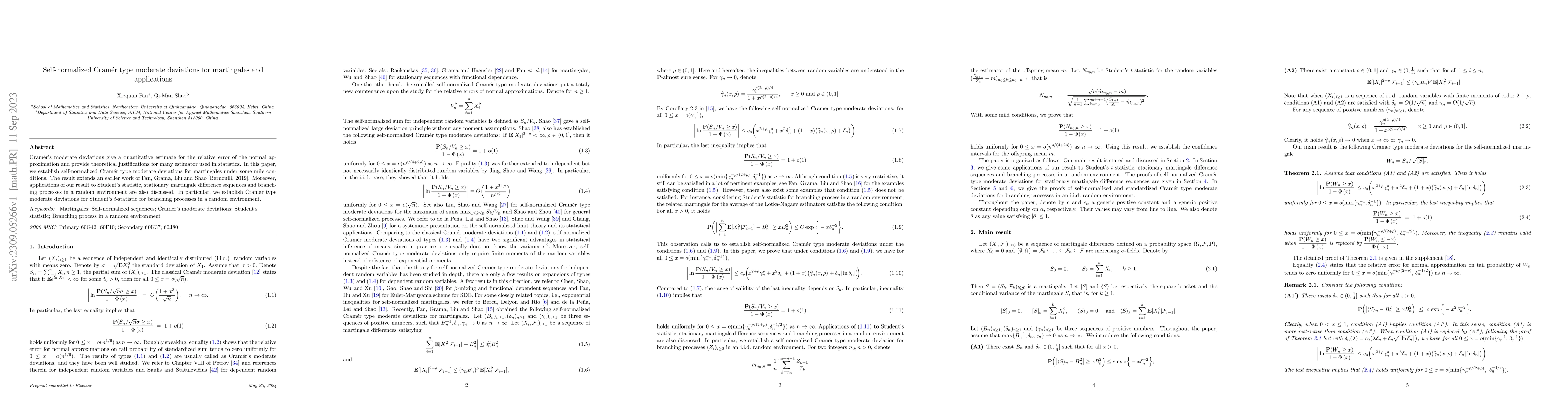 Thumbnail for Self-normalized Cram\'{e}r type moderate deviations for martingales and
  applications