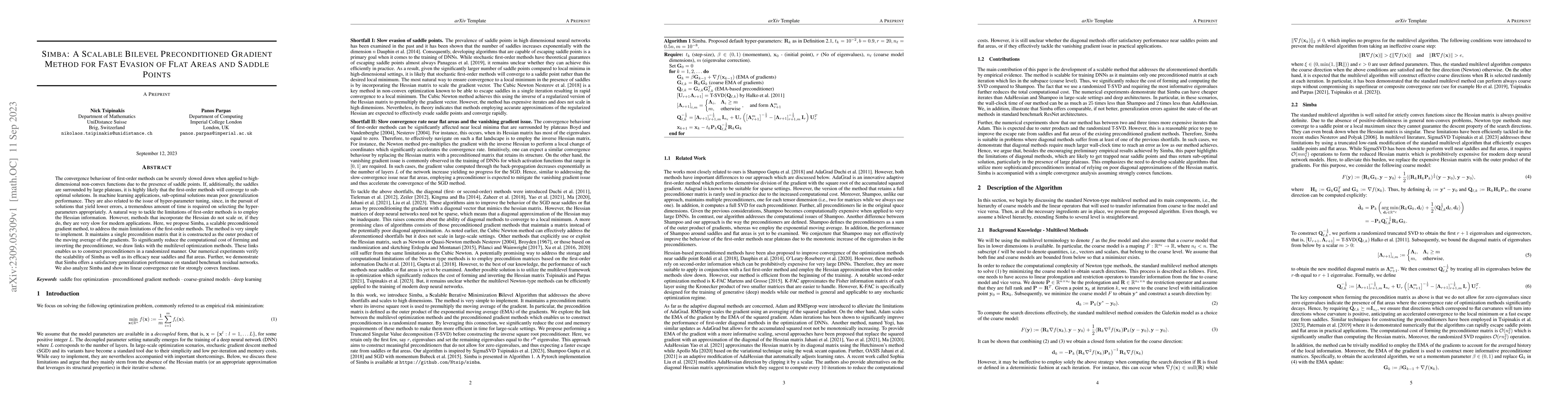 Thumbnail for Simba: A Scalable Bilevel Preconditioned Gradient Method for Fast
  Evasion of Flat Areas and Saddle Points