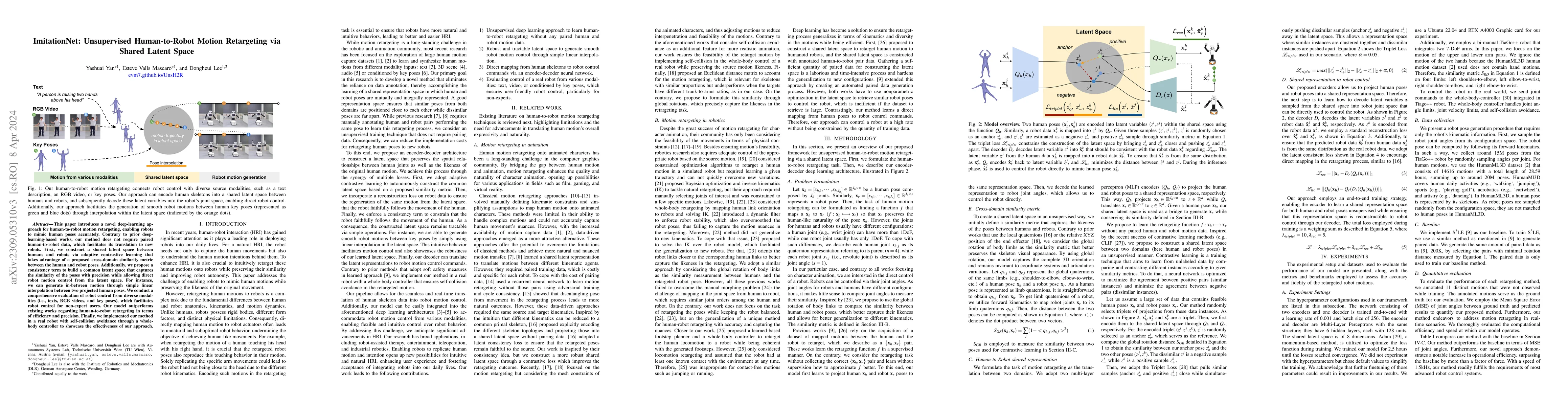 Thumbnail for ImitationNet: Unsupervised Human-to-Robot Motion Retargeting via Shared
  Latent Space