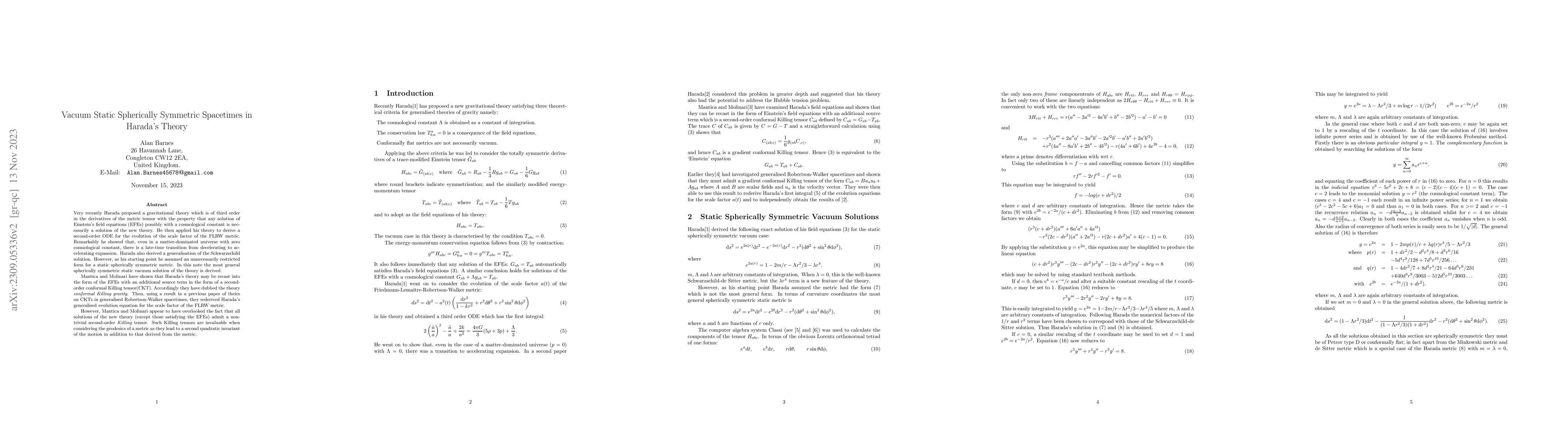 Thumbnail for Vacuum Static Spherically Symmetric Spacetimes in Harada's Theory
