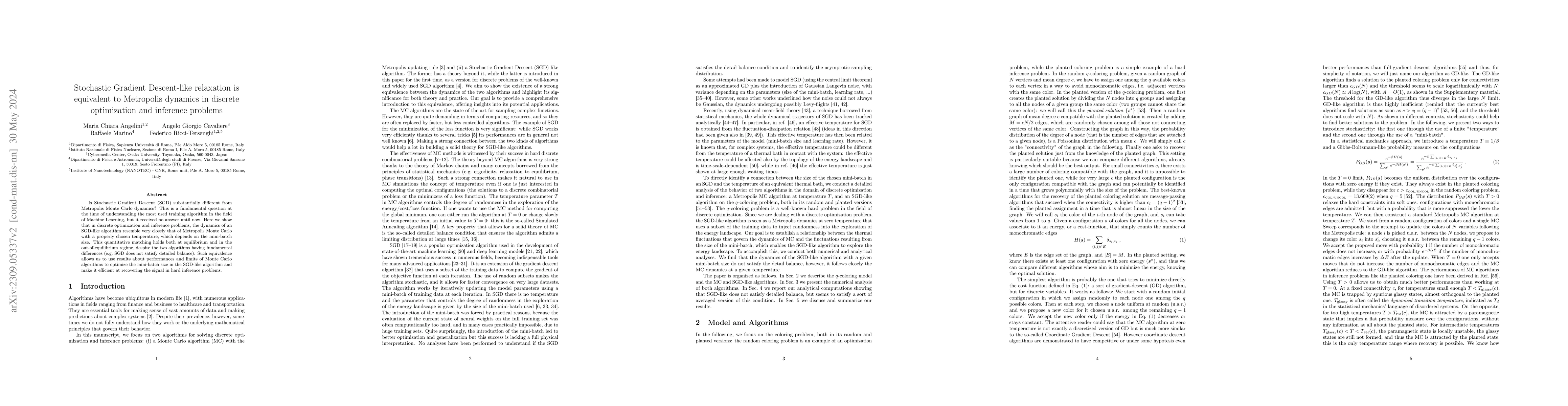 Thumbnail for Stochastic Gradient Descent-like relaxation is equivalent to Metropolis
  dynamics in discrete optimization and inference problems