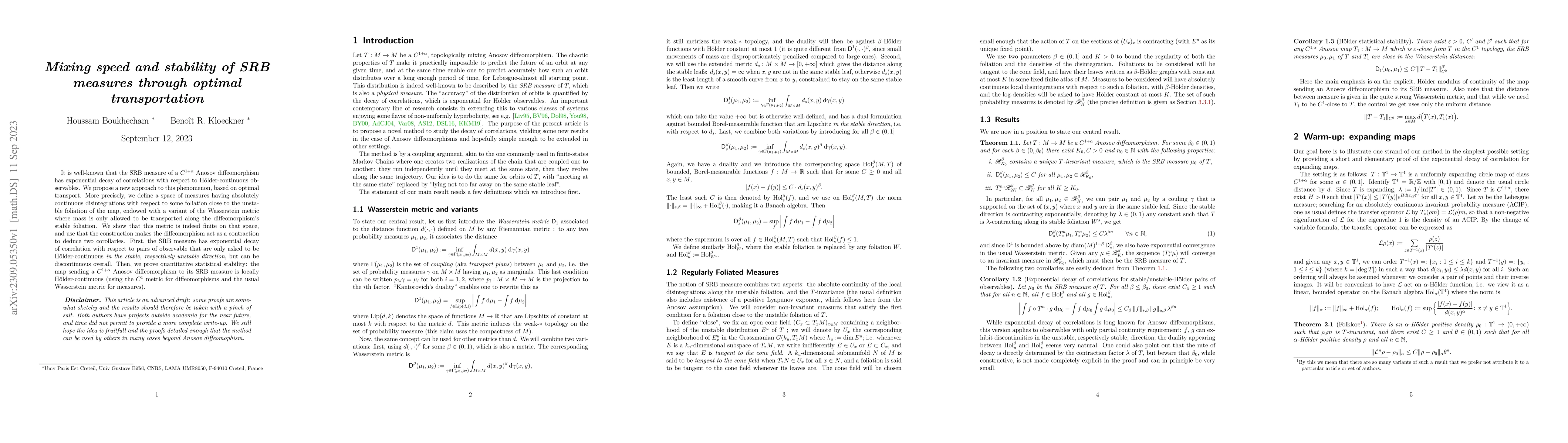 Thumbnail for Mixing speed and stability of SRB measures through optimal
  transportation