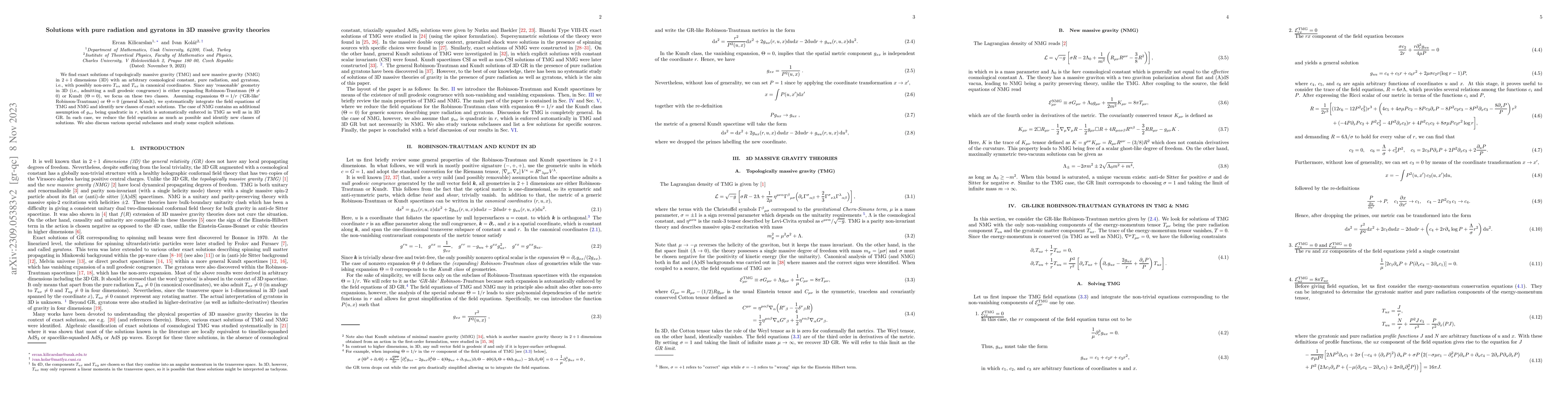 Thumbnail for Solutions with pure radiation and gyratons in 3D massive gravity
  theories