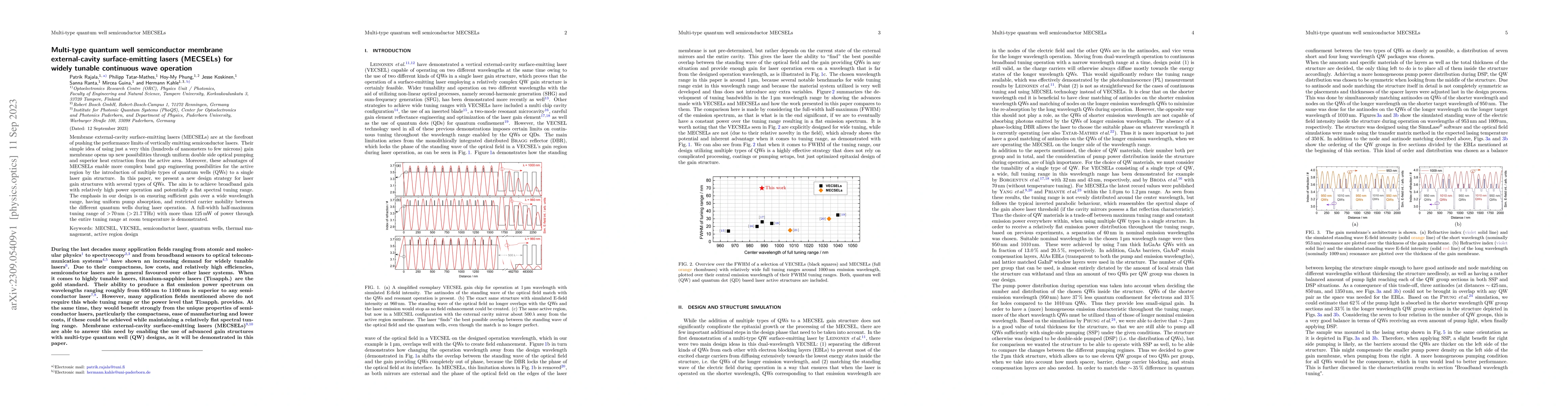 Thumbnail for Multi-type quantum well semiconductor membrane external-cavity
  surface-emitting lasers (MECSELs) for widely tunable continuous wave
  operation