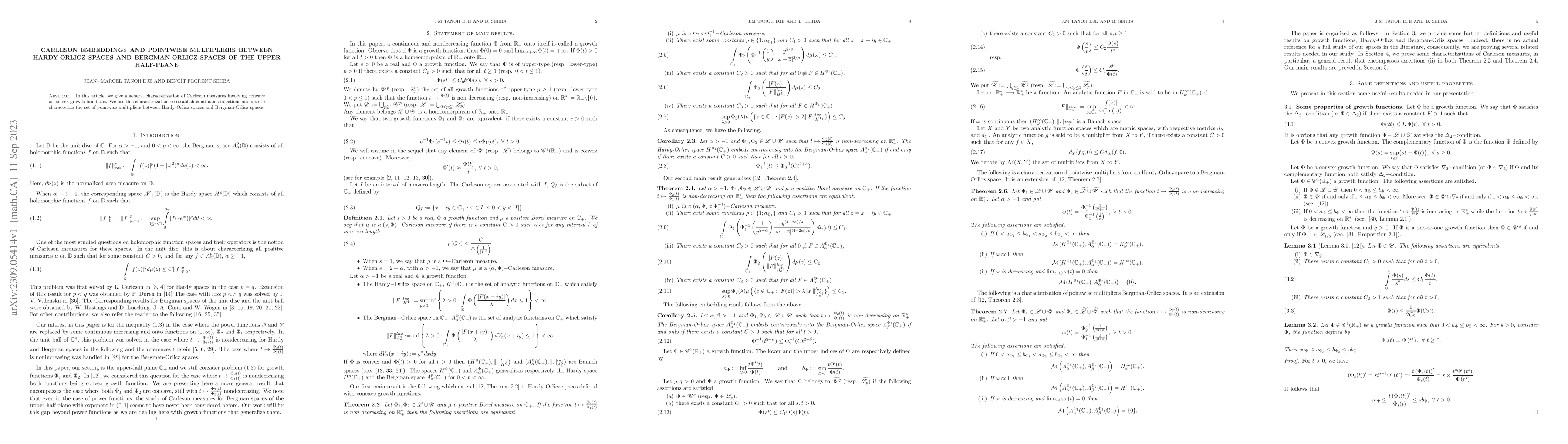 Thumbnail for Carleson embeddings and pointwise multipliers between Hardy-Orlicz
  spaces and Bergman-Orlicz spaces of the upper half-plane