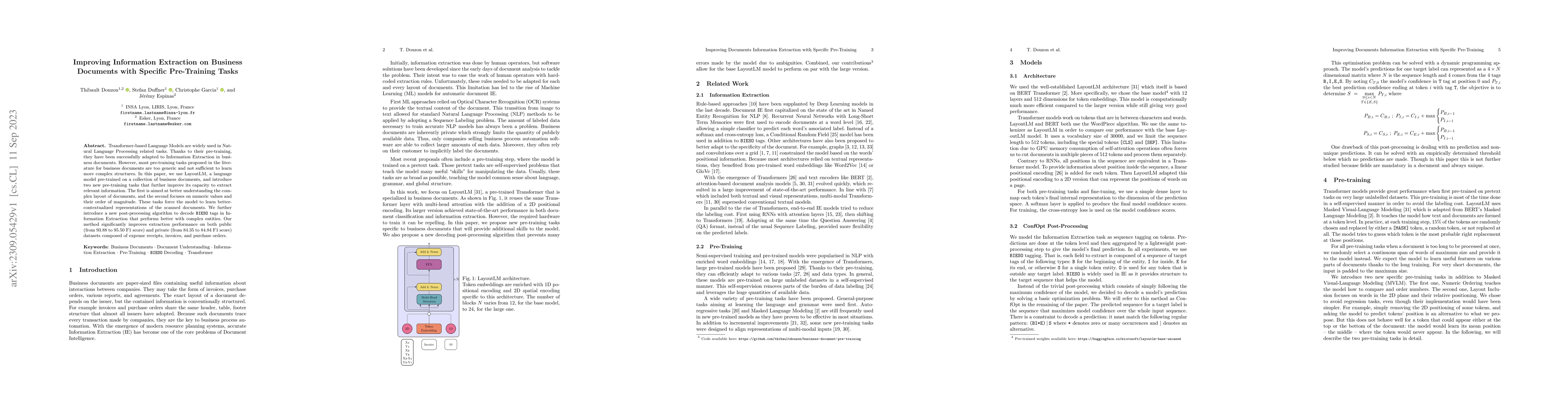 Thumbnail for Improving Information Extraction on Business Documents with Specific
  Pre-Training Tasks