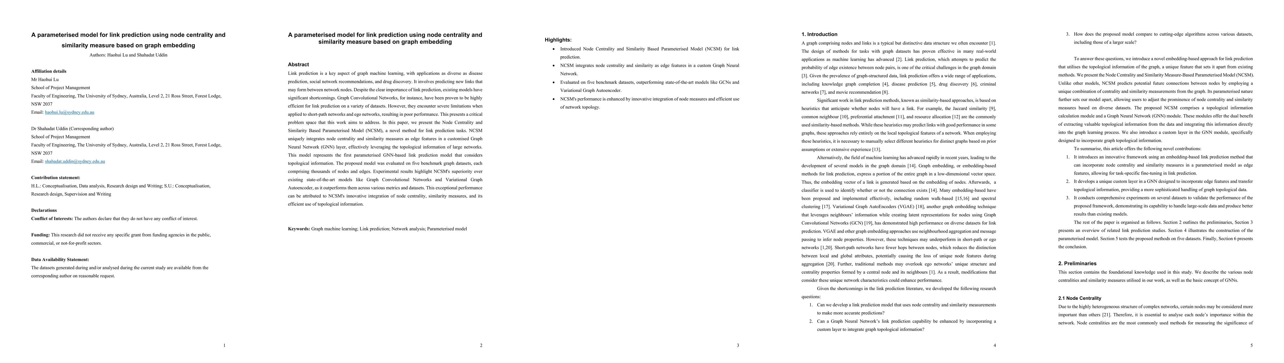 Thumbnail for A parameterised model for link prediction using node centrality and
  similarity measure based on graph embedding