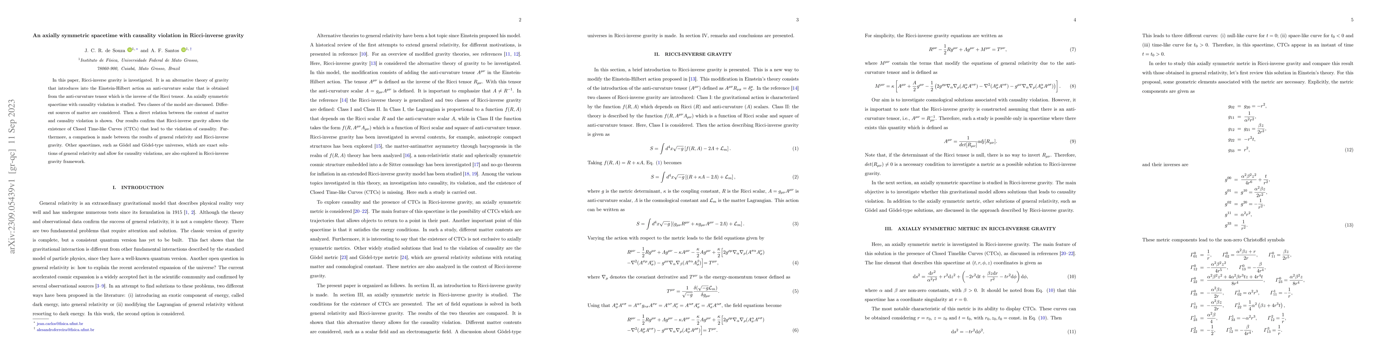 Thumbnail for An axially symmetric spacetime with causality violation in Ricci-inverse
  gravity