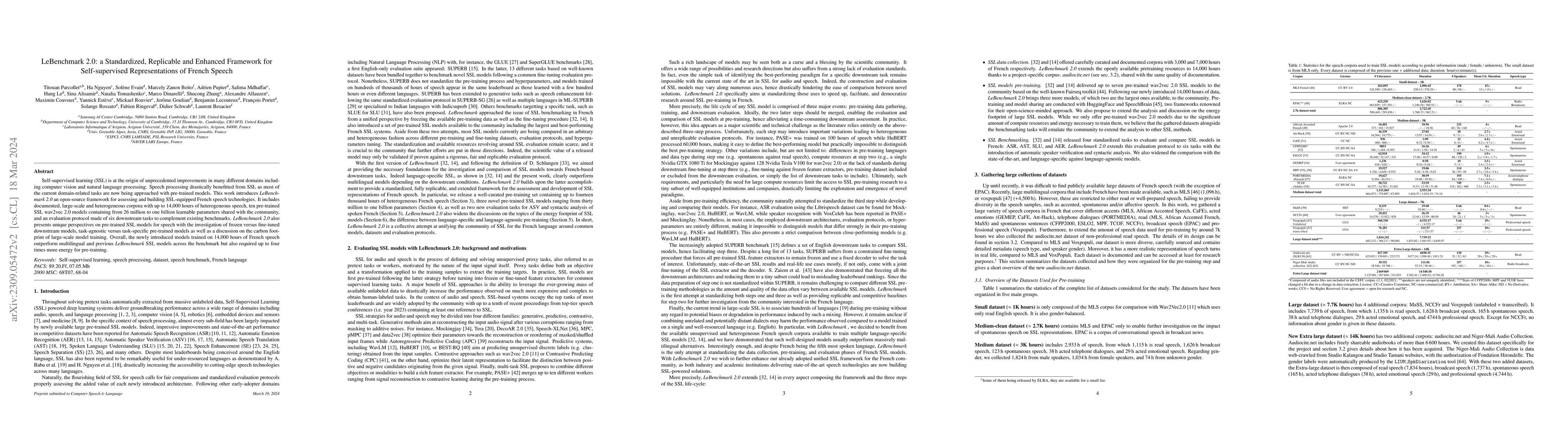 Thumbnail for LeBenchmark 2.0: a Standardized, Replicable and Enhanced Framework for
  Self-supervised Representations of French Speech