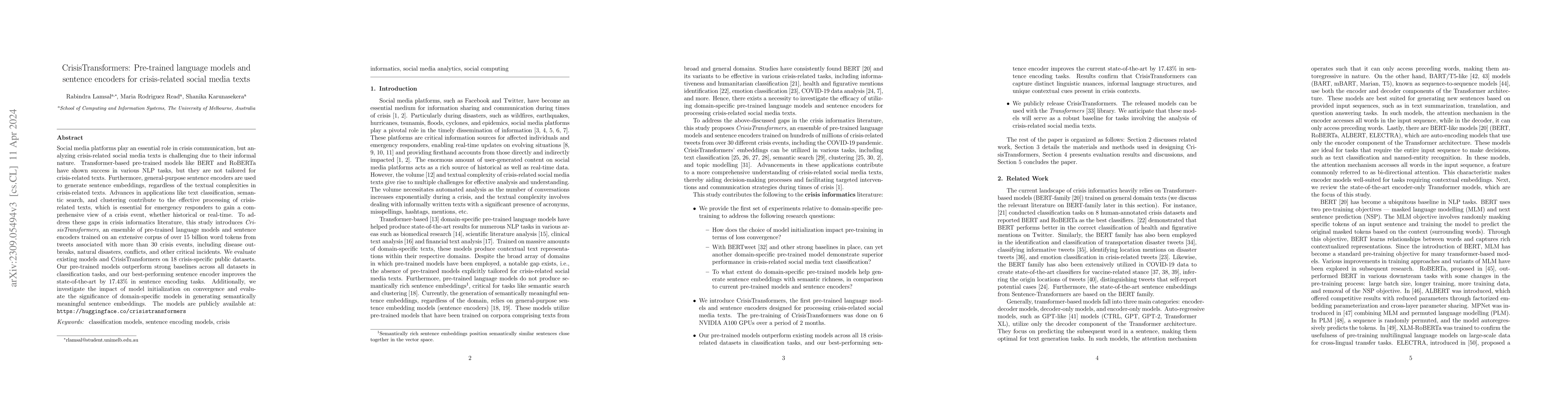 Thumbnail for CrisisTransformers: Pre-trained language models and sentence encoders
  for crisis-related social media texts