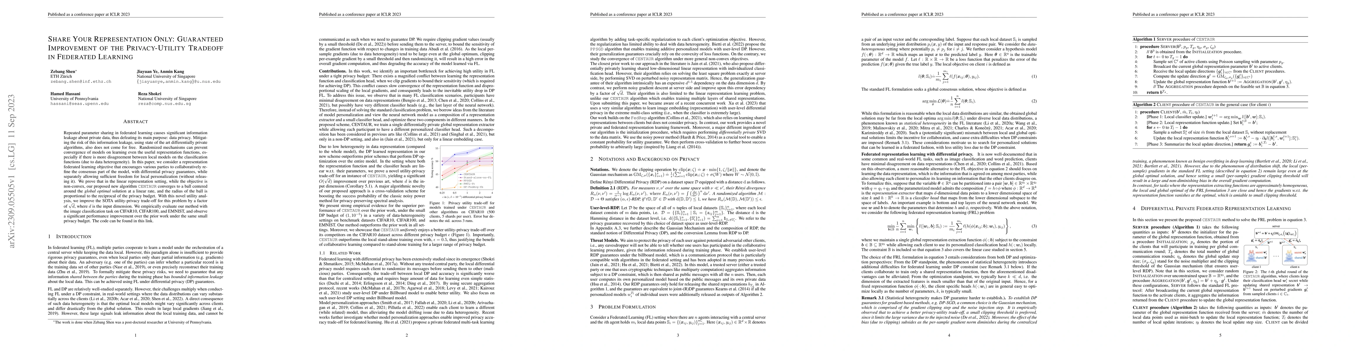 Thumbnail for Share Your Representation Only: Guaranteed Improvement of the
  Privacy-Utility Tradeoff in Federated Learning