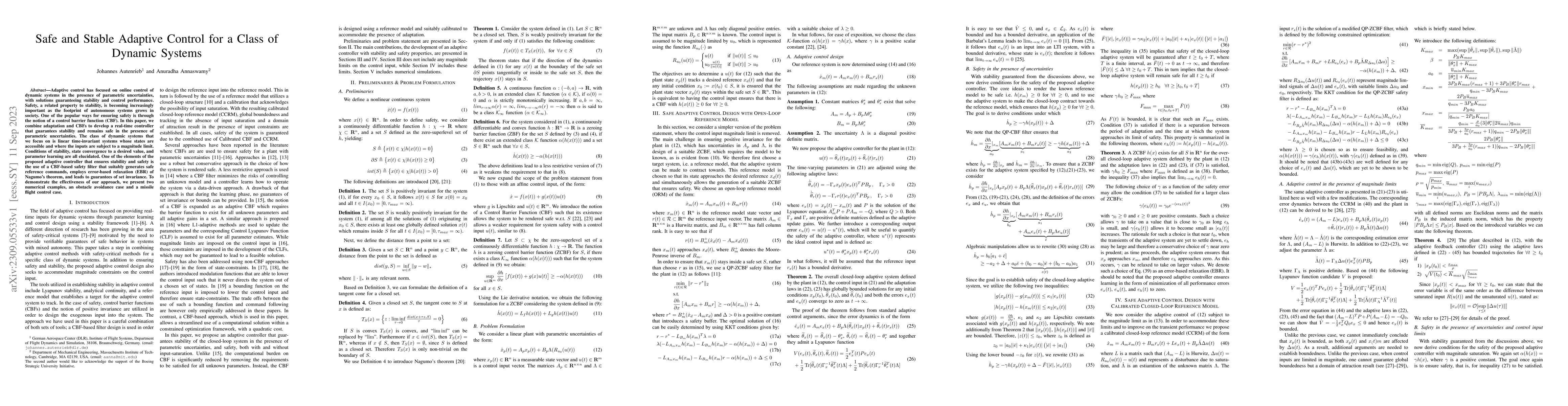 Thumbnail for Safe and Stable Adaptive Control for a Class of Dynamic Systems