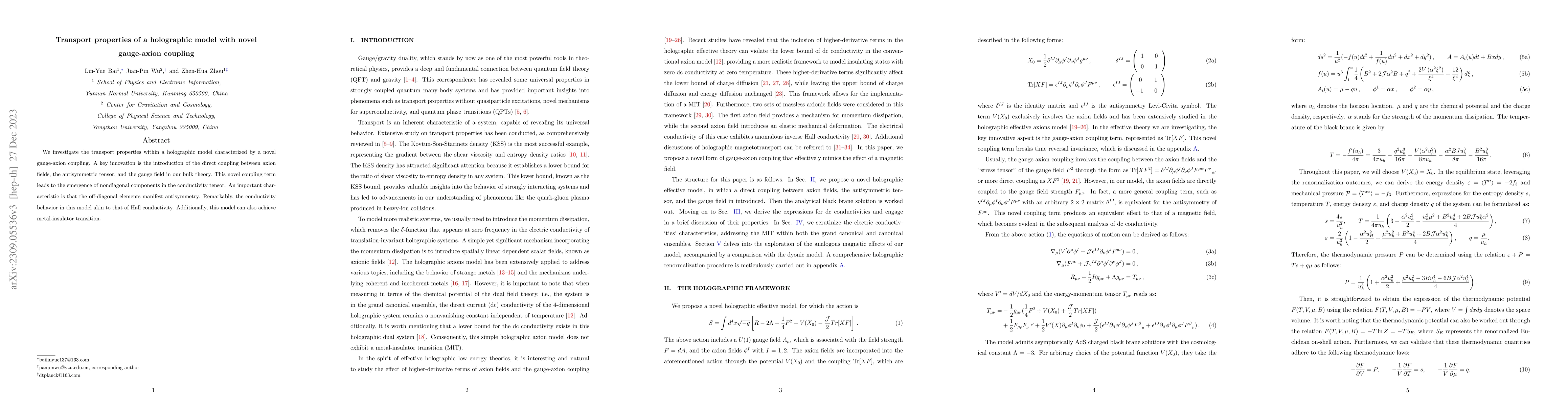 Thumbnail for Transport properties of a holographic model with novel gauge-axion
  coupling