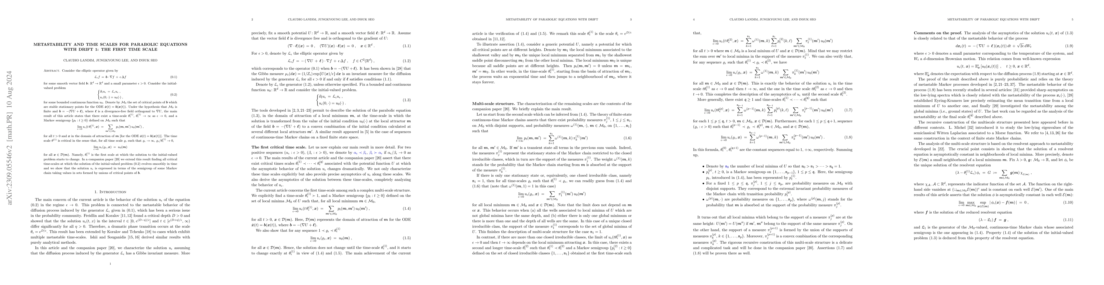 Thumbnail for Metastability and time scales for parabolic equations with drift 1: the
  first time scale