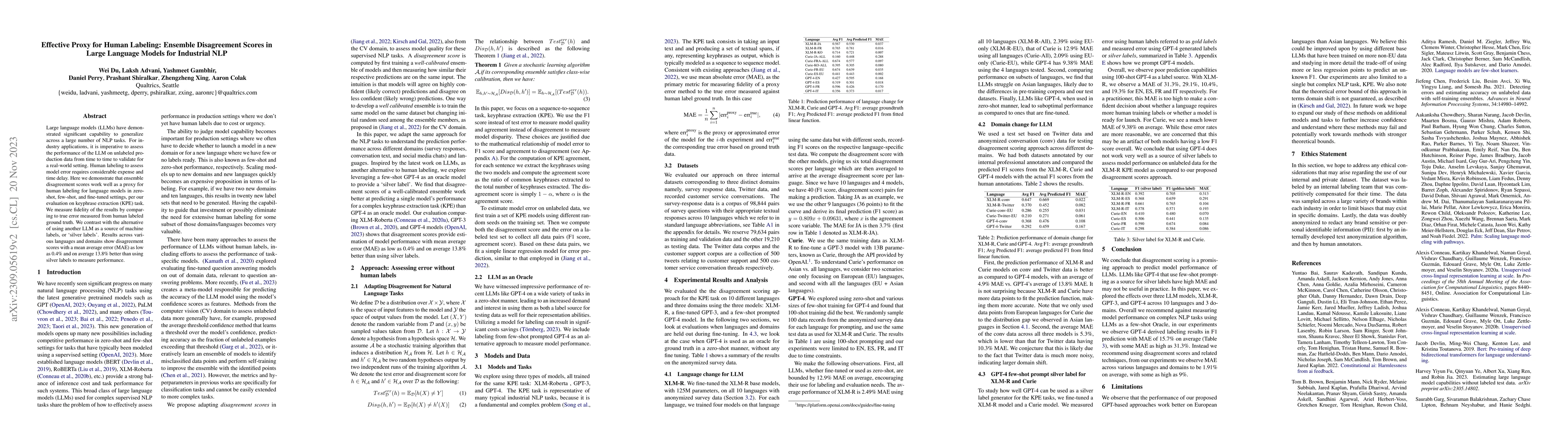 Thumbnail for Effective Proxy for Human Labeling: Ensemble Disagreement Scores in
  Large Language Models for Industrial NLP