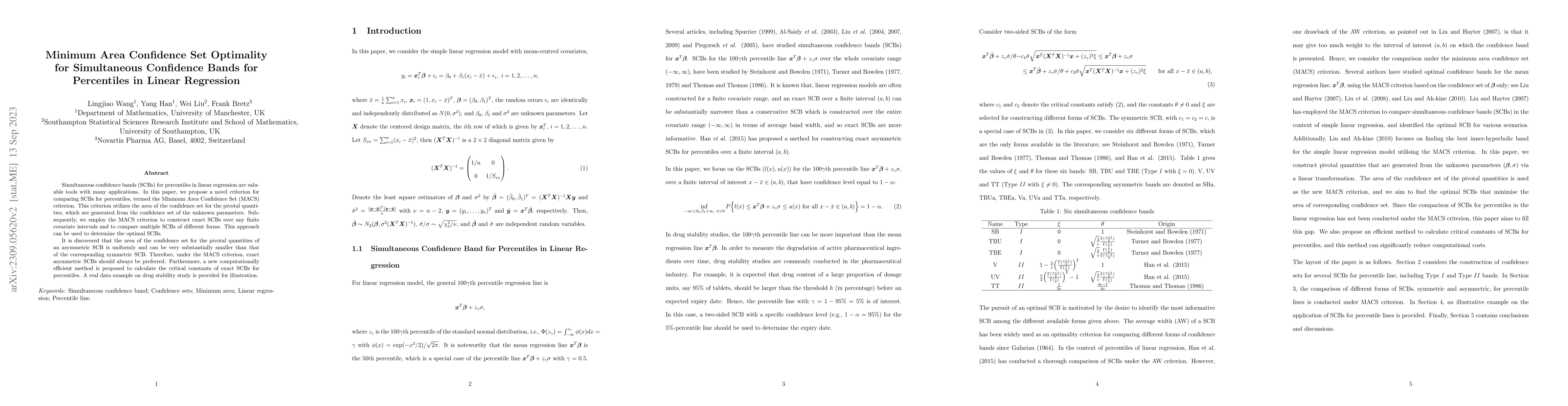 Thumbnail for Minimum Area Confidence Set Optimality for Simultaneous Confidence Bands
  for Percentiles in Linear Regression
