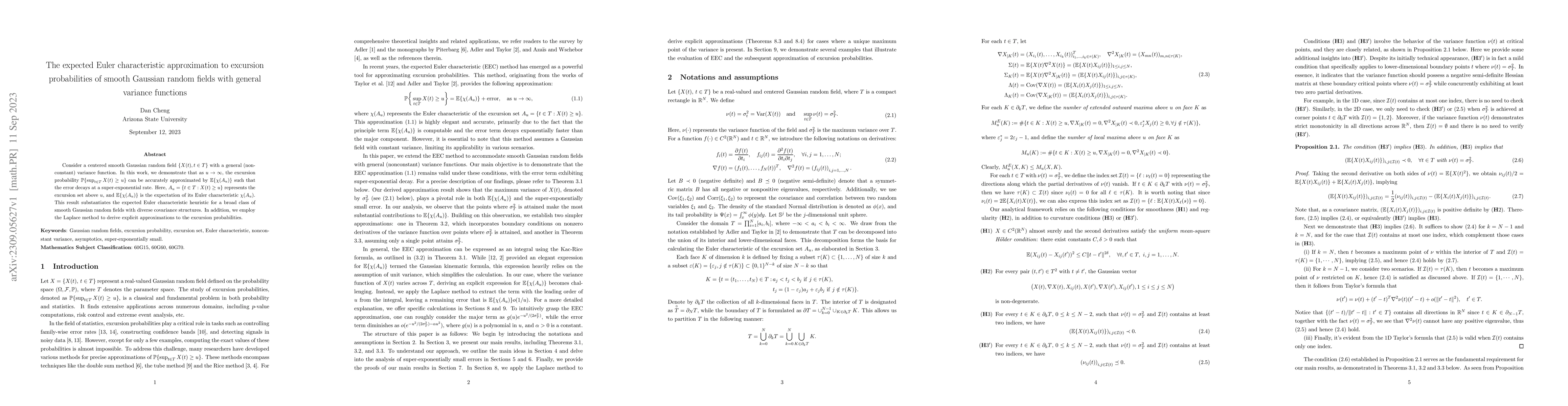 Thumbnail for The expected Euler characteristic approximation to excursion
  probabilities of smooth Gaussian random fields with general variance
  functions