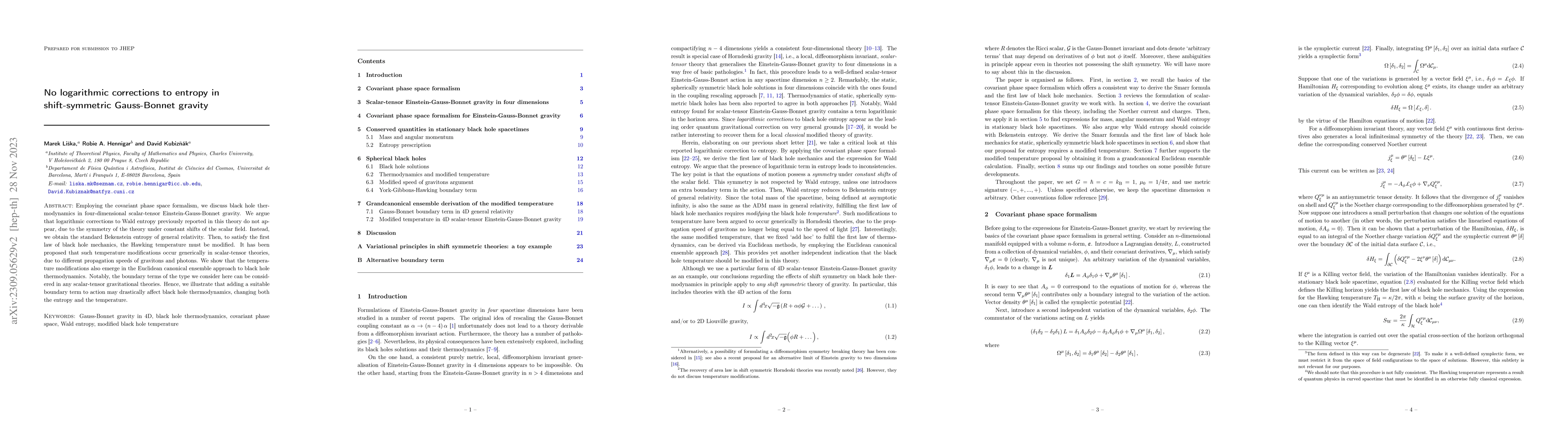 Thumbnail for No logarithmic corrections to entropy in shift-symmetric Gauss-Bonnet
  gravity