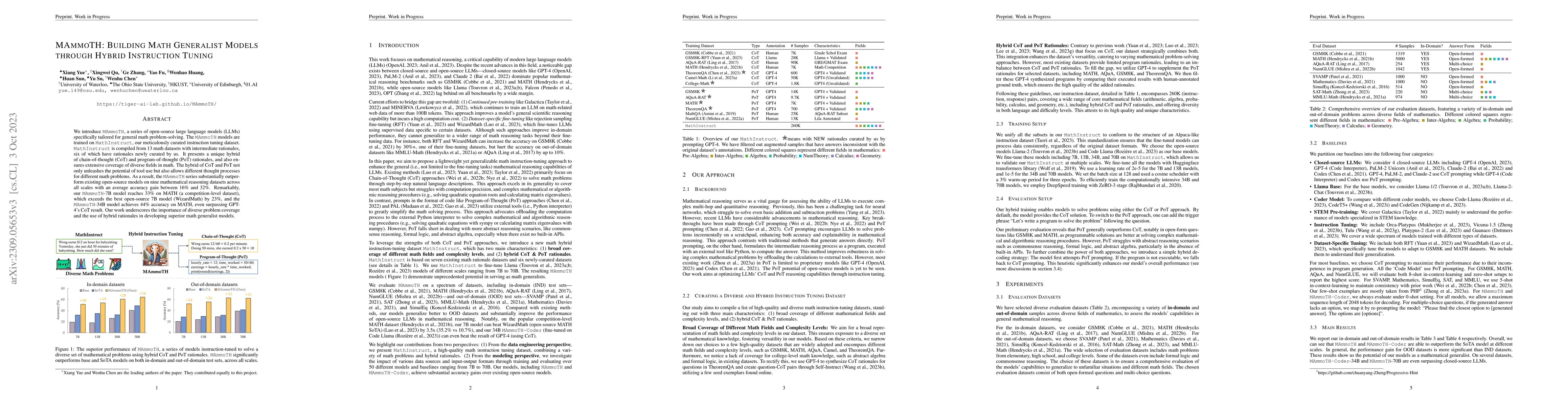Thumbnail for MAmmoTH: Building Math Generalist Models through Hybrid Instruction
  Tuning