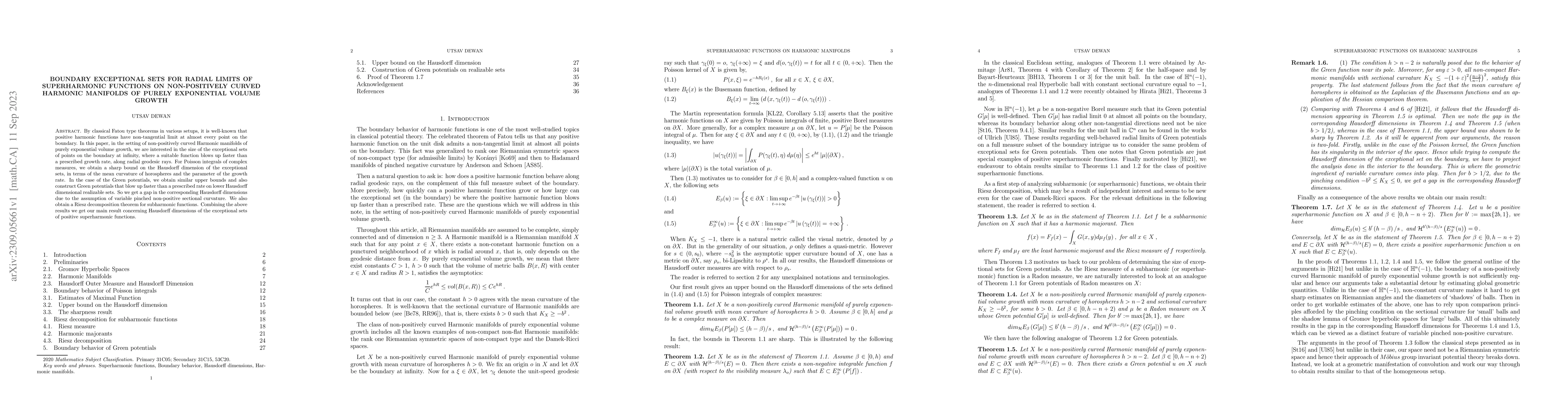 Thumbnail for Boundary exceptional sets for radial limits of superharmonic functions
  on non-positively curved Harmonic manifolds of purely exponential volume
  growth