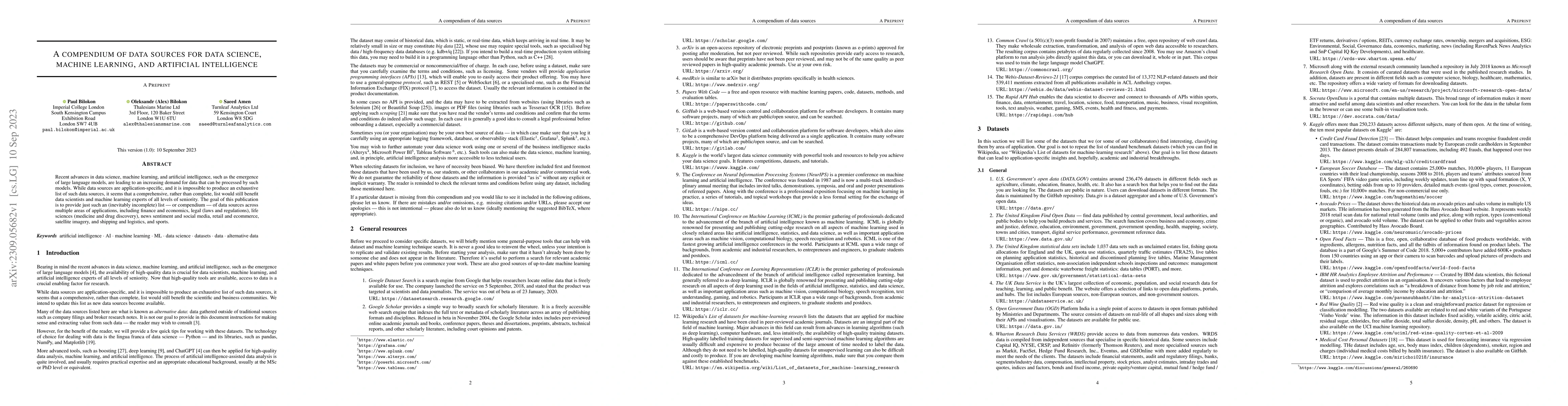 Thumbnail for A compendium of data sources for data science, machine learning, and
  artificial intelligence