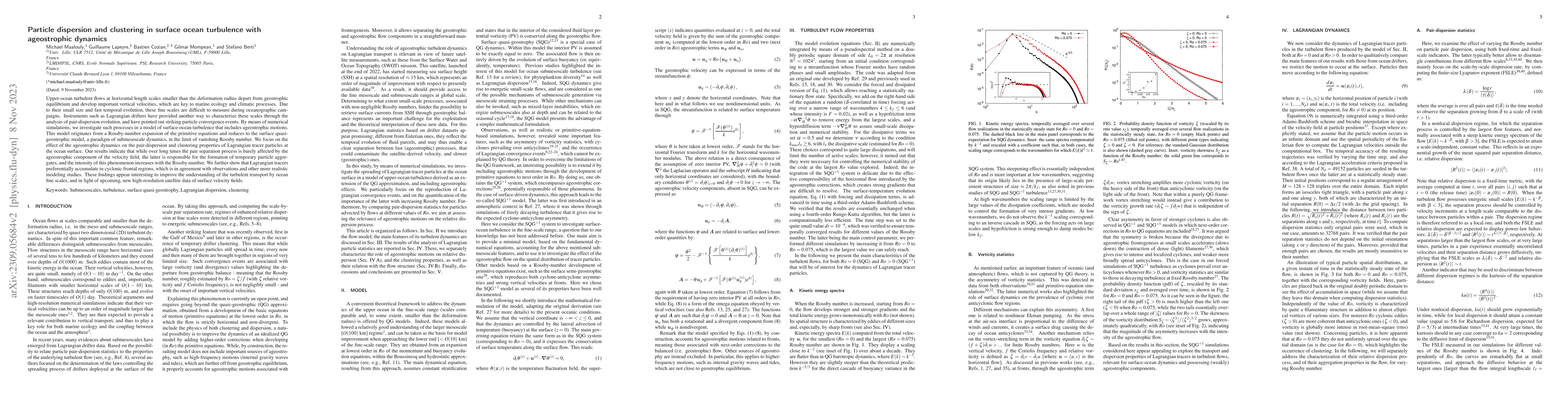 Thumbnail for Particle dispersion and clustering in surface ocean turbulence with
  ageostrophic dynamics