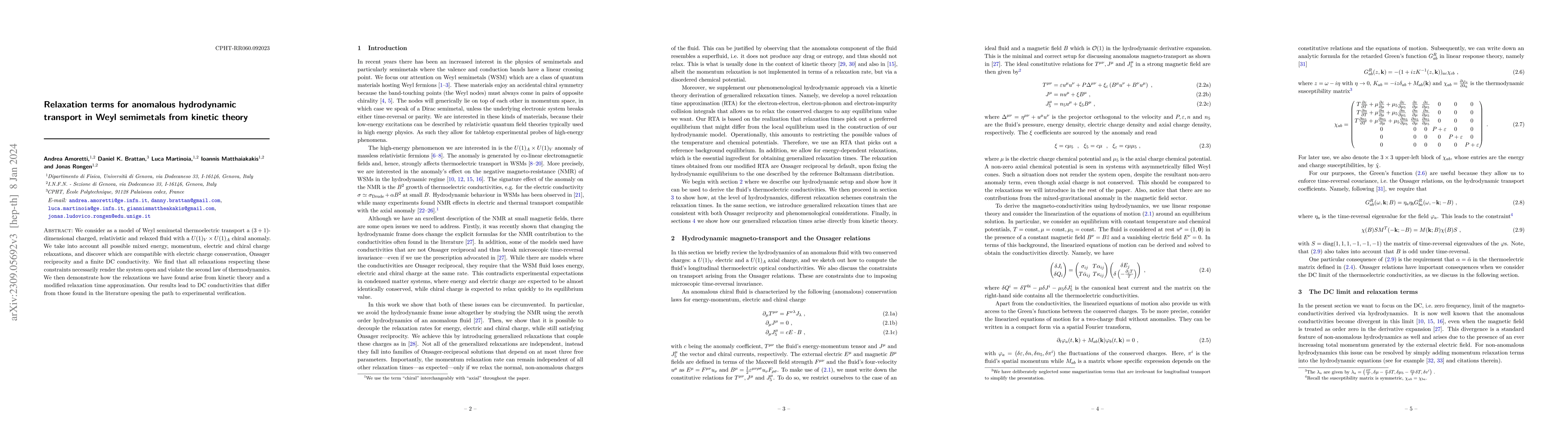 Thumbnail for Relaxation terms for anomalous hydrodynamic transport in Weyl semimetals
  from kinetic theory