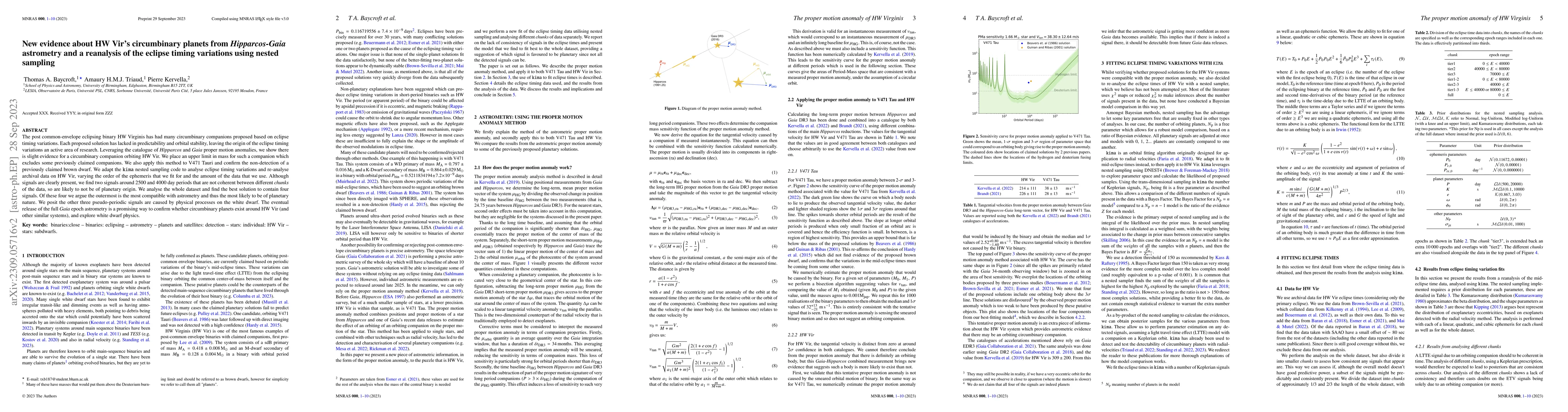Thumbnail for New evidence about HW Vir's circumbinary planets from Hipparcos-Gaia
  astrometry and a reanalysis of the eclipse timing variations using nested
  sampling